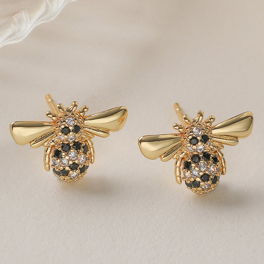 Cute Copper-Plated 18K Gold Zircon Cat And Bee Stud Earrings