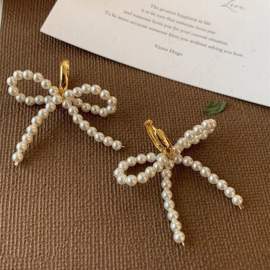 Handwoven Pearl Bow Earrings For Women Light Luxury Style
