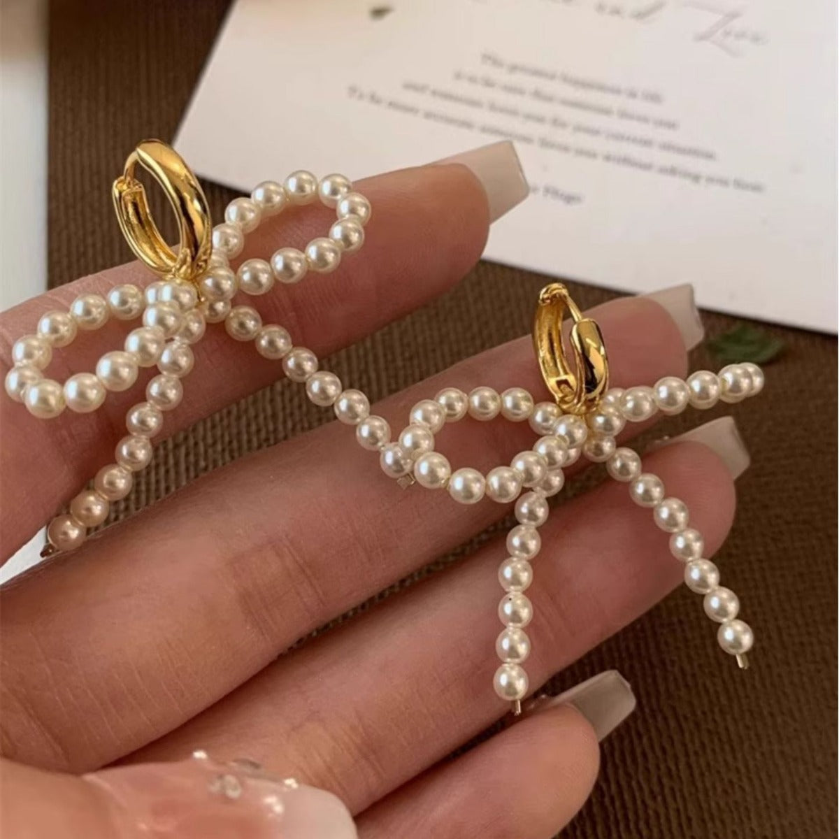 Handwoven Pearl Bow Earrings For Women Light Luxury Style