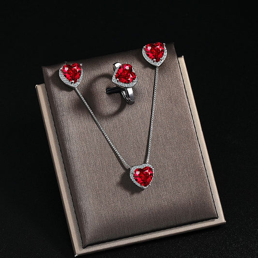 Womens Heart-Shaped Pendant Stud Earrings And Ring Set